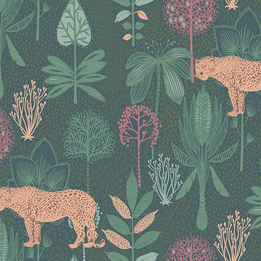 Широкие обои "Safari" арт.D1 018 из коллекции Bon Voyage, Milassa с рифленой фактурой рисунка леопардов в лесу на зеленом фоне в коридор или детскую.